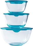 Pyrex - Set of 3 resistant glass mixing/salad bowls with lids - 0.5L - 1L - 2L -