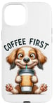 Coque pour iPhone 15 Plus Coffee First Tasse à café Motif chiot mignon