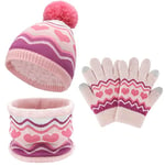 Enfants Hiver Bonnet Pompon Tricot Casquette Echarpe Cache Cou Gants Tactiles Ensemble pour Garcon Fille 2-7 Ans Tout Petits avec Ligné