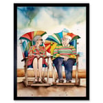 Happy Elderly Couple On Summer Beach Chairs Watercolour Painting Art Print Framed Poster Wall Decor 12x16 inch