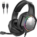 E1000 V2 Casque Gaming, Casque PC avec USB-C & USB-A, Son Surround 7.1 Casque Audio Gamer, Casque avec Micro et Lumières RGB, Casque PS4 Stéréo Bass pour PS4/PS5 /PC Laptop Tablette