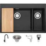 Evier Cuisine en Granit Noir Métallisé 78x50cm, Lavabo + Kit de Vidage + Robinet + Planche à Découper, Évier à Encastrer au meuble 80cm - Oslo Top