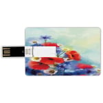 8G USB Flash Drives Credit Card Shape Watercolor Flower Memory Stick Bank Card Style Close Up Structured Bouquet with Flower Types Poppy Peace Design,Red Blue Waterproof Pen Thumb Lovely Jump Drive U