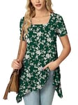 POPYOUNG Womens Casual Tunic Tops Short Sleeve Ladies Longline Tunic Blouse Shirts Square Neck Dress Floaty long tops to wear with leggings L, FL Floral-Green