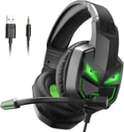 Fenrir Casque Gaming à Réduction de Bruit avec Micro pour Xbox One PC PS4 PS5 Switch avec Lumière LED, 3D Stéréo Surround Casque Audio pour Prise 3,5MM, Noir Vert