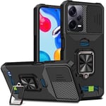 PANXIYUE Coque Xiaomi Redmi Note 12 5G / Poco X5 5G, Protection de la Caméra Étui avec Lentille Coulissante Couverture et Fentes Cartes Support à Bague Étui en PC Dur et TPU Silicone Antichoc – Noir