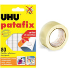 UHU Patafix blanche - pastilles adhésives prédécoupées, pâte à fixer, repositionnables, blanche & OFITURIA Ruban d'emballage transparent pour emballer des boîtes en carton