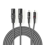 Nedis Balanserad ljudkabel | 2x XLR 3-Pin Hane | 2x RCA Hane | Nickelplaterad | 3.00 m | Rund | PVC | Mörkgrå | Kartonghylsa