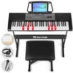 61 Key Electronic Keyboard Piano with Lighted up Keys,LCD,Headphones,X-Stand,Stool,Music Rest,Microphone,Note Stickers,Built-In Speakers,3 Teaching Modes,Ideal for Beginner Adult (Black with Stool)