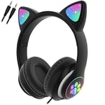 arVin Kids Bluetooth Headphones, Wireless Foldable Headphones, 85db Volume Limited, TF Card, 3.5mm Jack, Adjustable Headband, Cat Ear Light Up Headset with Microphone for School/Travel(Black)