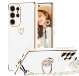 TVVTPU Coque pour Samsung Galaxy S23 Ultra avec Cordon et 360 Degrés Anneau Support, Étui Housse Antichoc Souple Silicone TPU Bumper Protection Case avec Amovible Collier, Blanc