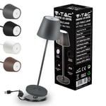 V-TAC Lampe de Table sans Fil LED Dimmable avec Commandes Tactiles - Élégante Lampe Grise pour Intérieur et Extérieur IP54 pour Maison ou Restaurant - 4400 mAh - Lumière Blanc Chaud 3000K