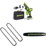 Greenworks 24V Mini Tronçonneuse Livré avec batterie 2ah et chargeur+ Greenworks 10cm chaîne Pack de 2 chaînes + Greenworks 10cm Barre de chaîne