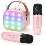 Duemste Karaoke Machine Kids with 2 Wireless Microphone,Portable Karaoke Machine with Bluetooth with LED Light and Pink Sticker for Boys Girls Families Birthday Party,Pink