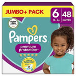 Pampers Premium Protection Size 6, 48 Nappies, 13kg+, Jumbo+ Pack, Pampers Comfort & Protection for Sensitive Skin