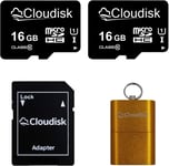 2 Pack Carte Micro SD 16gb Carte mémoire microSD 16gb Classe 10 avec Adaptateur SD + Lecteur de Carte (16gb)