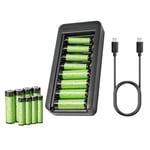 Amazon Basics Rechargeable NiMh AAA 800mAh 8 Pack + AA 2000mAh 8 Pack, with 8 Bay Battery Charger, No AC Power Adapter, USB C Port, Black