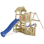 Aire de jeux Portique GalleyFlyer avec balançoire & toboggan, maison sur pilotis avec bac à sable, échelle d'escalade & accessoires de jeu - bleu