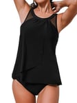 CUPSHE Tankini pour femme - Col rond - Bretelles réglables - Ourlet asymétrique - Taille moyenne - Maillot de bain deux pièces, Noir , XS