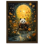 Artery8 Harvest Moon Panda Landscape Oil Painting Panda Bear in a Wildflower Meadow with Flowing Stream Kids Bedroom Artwork Framed A3 Wall Art Print