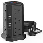 Tower Extension Lead with USB Slots 1.8M and 18W USB C Fast Charger, (13A 3250W) 5 USB Ports and 12 Way Extension Tower, Surge Protection Extension Lead with Switch, Extension Cable for Home, Office