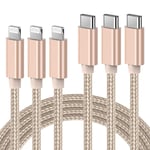 Câble Usb C Vers Lightning 2m, Chargeur Rapide Iphone Mfi Certifié Lot De 3 Câble Nylon Tressé,Usb C Cordon Power Delivery Compatible Avec Iphone 11 12 Pro Se 2020 X Xr Xs 8 Plus Ipad Pro,Or