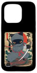 Coque pour iPhone 15 Pro Chat ninja japonais, chat noir kawaii ninja