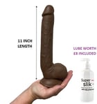 Dildo Sex Toy 11 Inch Realistic BROWN Balls & Suction Cup Anal Vagina + £8 LUBE