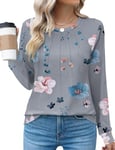 Rapbin Women's Casual Crew Neck T-Shirts Loose Long Sleeve Pleated Summer Tops Tunic Blouses,Floral,M