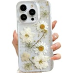 iPhone 13 Pro Transparent Skal med Pressade Riktiga Blommor Design, Glitter Söt Vit Blommig Mönster Smalt Mjukt TPU Skyddande Kvinna