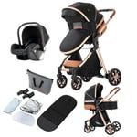 Magic ZC 3 in 1 Pushchair Pram Travel System, Baby Stroller 3 in 1 with Reversible Two Pushing Modes, Newborn Infant Carriage One-Click Folding, Toddler Buggy Aluminum Frame (V9 Black)