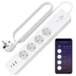 Multiprise Connectee Wifi 16A Prise Intelligente 4 Prises 2 Usb/1 Type-C,Mesure De Consommation Electrique,Compatible Avec Alexa/Google Home,Contrôle App/Vocal,Fonction De Temps,1,8M