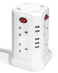 13 Way Tower Extension Lead with 8 Safety Sockets & 5 USB Ports, ONLYWIN 1.8m Surge Protector Power Strip 3000W Multi-Plug Electric 13A Charging Station with Overload Protection for Home Office, White