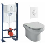 Pack wc suspendu Jacob Delafon sans bride Elite, abattant extraplat fermeture douce, Blanc + Bâti support wc Grohe Rapid sl Project 1.13 m + plaque