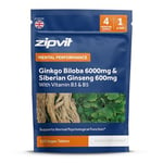 Zipvit Ginkgo Biloba 6000mg & Siberian Ginseng 600mg with Vitamins B3 & B5, 120 Vegan Tablets, Supports Psychological Function, Reduces Tiredness & Fatigue, Improves Mental Performance, 4 Month Supply