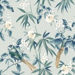 Arthouse Oriental Birds Exotic Flowers Leaves Grey /Blue Wallpaper 924500