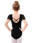 boruizhen Fille Justaucorps Gymnastique Tenue de Danse Classique Filles Manche Bouffante Justaucorps de Ballet pour Enfant Noir 6-8 Ans Sangle Croisée