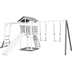 AXI - Beach Tower Aire de Jeux avec Toboggan en blanc, Cadre d'escalade, 2 Balançoires & Bac à Sable Grande Maison enfant extérieur en gris & blanc