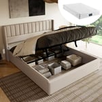 Okwish - Lit coffre lit capitonné lit double hydraulique 160x200cm, sommier à lattes en bois, lit avec sommier à lattes en métal, lin, beige (avec