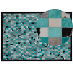 Tapis Rectangulaire Bleu Turquoise et Gris en Cuir Patchwork Motif à Damier pou