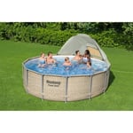 BESTWAY Piscine hors sol ronde Power Steel™ 396 x 107 cm rotin beige avec filtre à cartouche, bâche, auvent, échelle