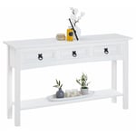 Table console rural table d'appoint en pin massif blanc avec 3 tiroirs et 1 étagère, meuble d'entrée en bois style rustique - Blanc