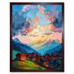 Atmospheric Clouds at Dawn Over Small Village Houses in the Alps Modern Watercolour Painting Art Print Framed Poster Wall Decor 12x16 inch