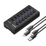 FIDECO Powered USB 3.0 Hub, 7-Port Aluminum USB Hub with Independent On/Off Switch, USB Extension Hub and Splitter with USB C to C Cable, USB A to C Cable, and 12V 2A Power Adapter