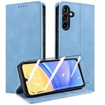 QHOHQ Tenphone Coque pour Samsung Galaxy A15 4G/5G [avec A15 Verre Trempé], [RFID Blocage], Etui Protection Housse Premium en Cuir PU, [Multifonctionnel] Magnétique Flip Case (Rétro) - Bleu Clair