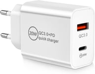 Pr Chargeur Rapide 20w, 2 Ports Pd Et Qc3.0, Pr Usb C Usb Adaptateur Secteur Compatible Avec Iphone 14 13 12 11 X Ipad Airpods Samsung S22 S21 S20 (Sans Fil, Blanc)