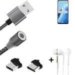 Data charging cable for + headphones Oppo Reno8 Lite 5G + USB type C a. Micro-US