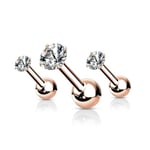 Pack 3 Tragus i RoseGuldplät. IP-stål Piercing med 3.Vita CZ Rosa guld