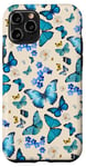 Coque pour iPhone 11 Pro Papillons bleus sur beige crémeux avec des accents floraux