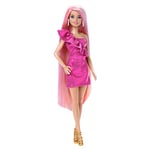 Barbie® Fun & Fancy Hair Poupée avec Cheveux blonds colorés Extra-Longs et Robe Rose Brillante Ainsi Que 10 Accessoires de Mode et de Coiffure, JDC85